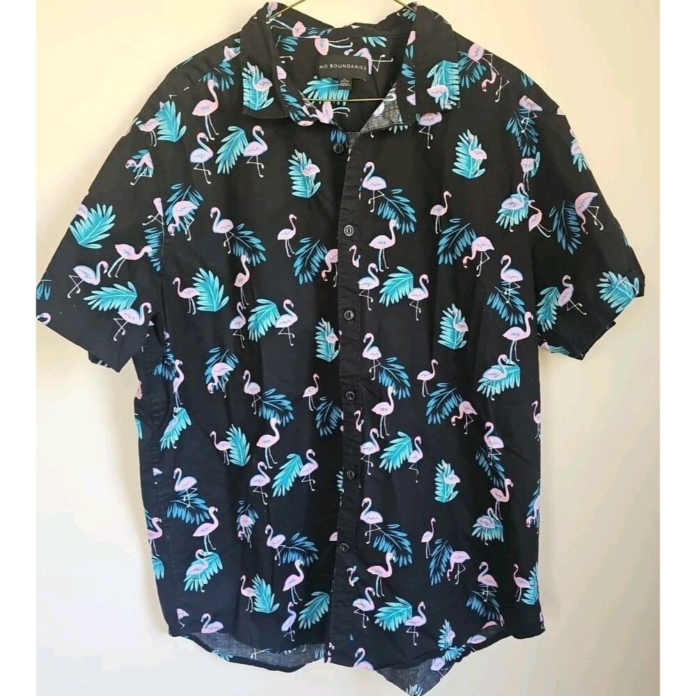 NO BOUNDARIES Men's Button Up Short Sleeve Pink Flamingo Shirt Size XL (46-48)